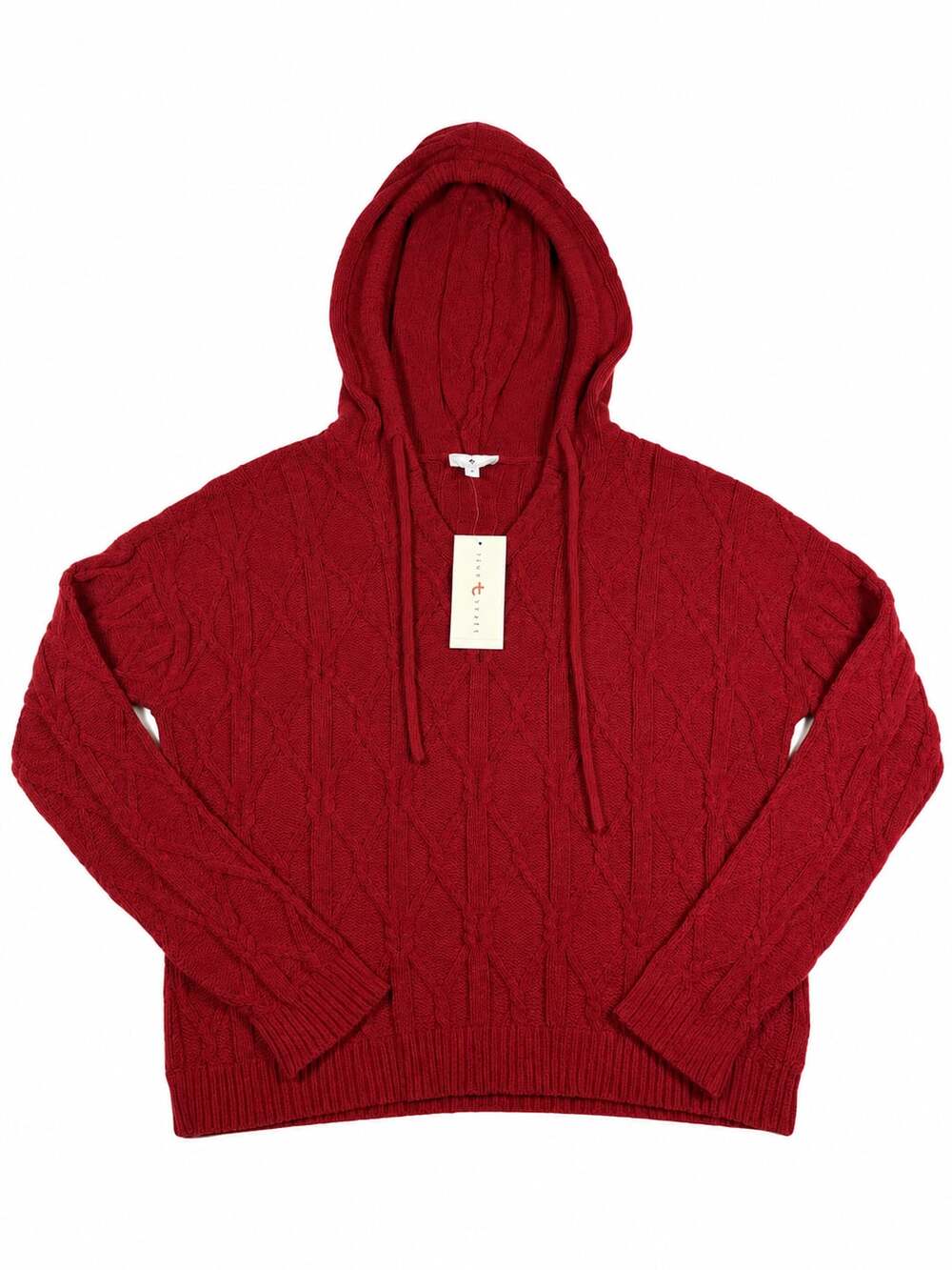 True Craft Rhubarb Cable Knit Hoodie Sweater Size L Red